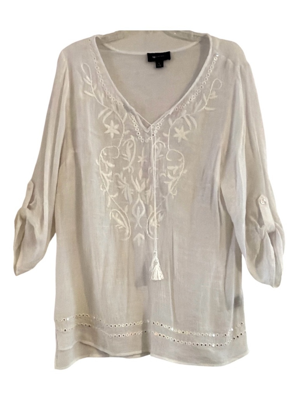 AB Studio White Embroidered Boho Chic Sequin Tassel Peasant Top Size L